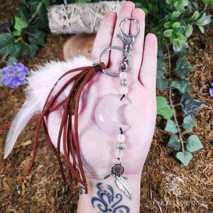 Handmade Rose Quartz Moon Keychain #7